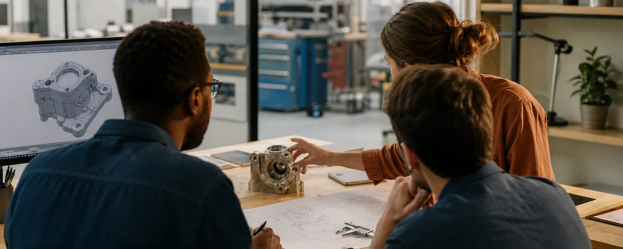 Équipe diverse travaillant sur la conception et l'innovation d'un produit industriel