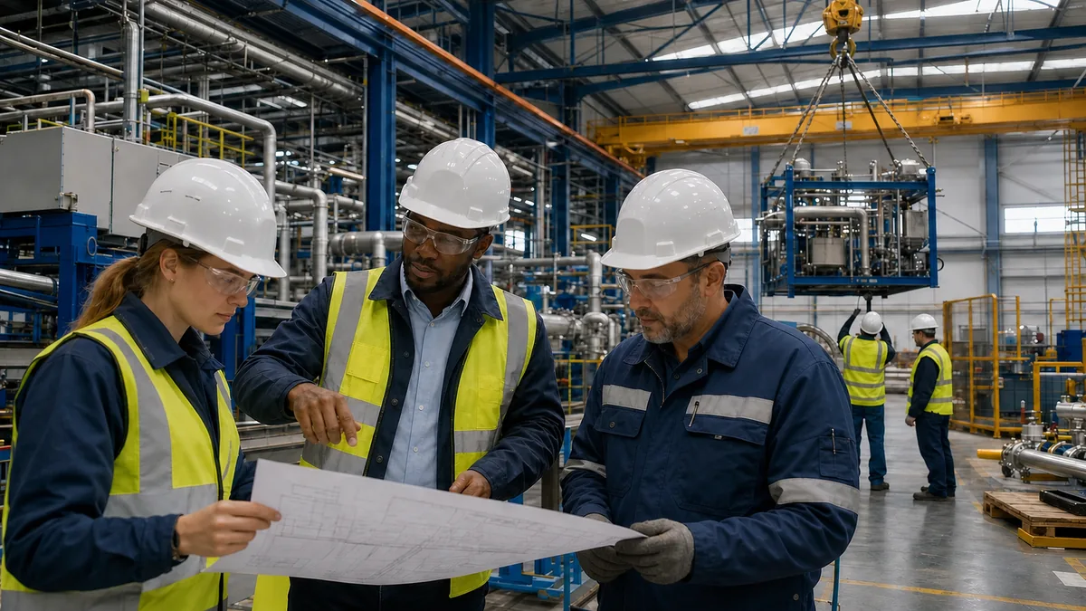 Chargé d'affaires et équipe technique étudiant un plan sur un site industriel